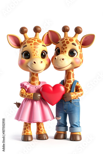 Two giraffes holding red heart isolated on white background