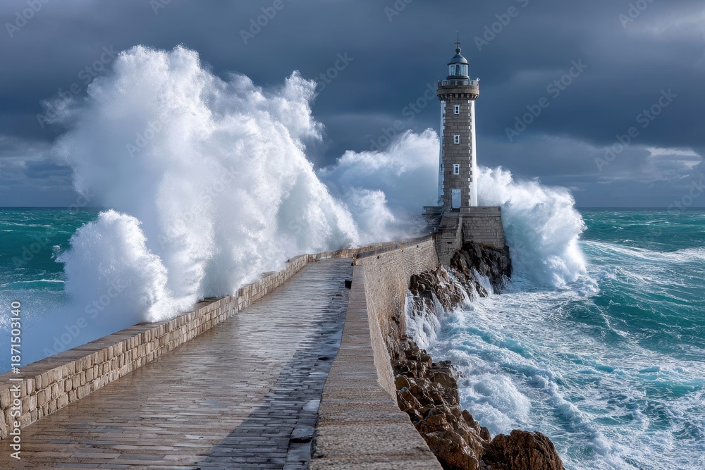 Fototapeta premium Majestic waves crashing against a lighthouse on a stormy day by the sea