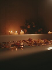 Setting up a spa scene with candles and rose petals, perfect for a romantic evening on Valentine's Day with love-themed decor and soft lighting