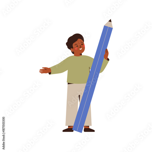 african american boy stands with big pencil. Black child holds in hand giant pen as a symbol of education, development and creativity imagination. Vector illustration isolated on white background