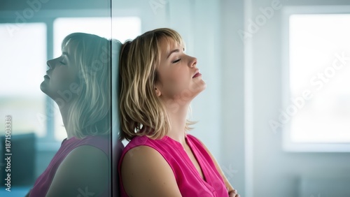 Free Download A serene woman leaning against a wall with her eyes closed in a moment of relaxation and calmness. - GFXLoad