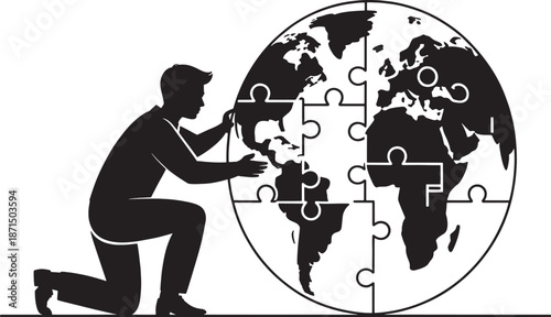 Man putting puzzle piece into globe earth