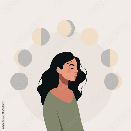 Young brunette with moon cycle phases. Woman cycle, menstruation, hormonal wellbeing concept. Moder flat minimal vector style. 