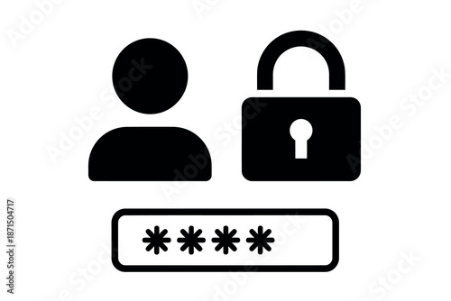 Black silhouette icons of user profile, padlock, and password field on white background