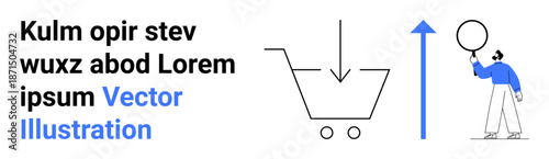 Shopping cart with downward arrow, growth arrow pointing up, person holding a circle. Ideal for e-commerce, business growth, progress, online shopping, creativity, goals simple landing page