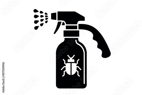 Black silhouette of a spray bottle with bug symbol on it spraying liquid
