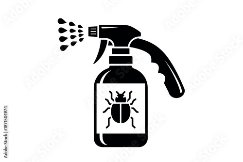 Black silhouette of a spray bottle with a bug on it spraying liquid