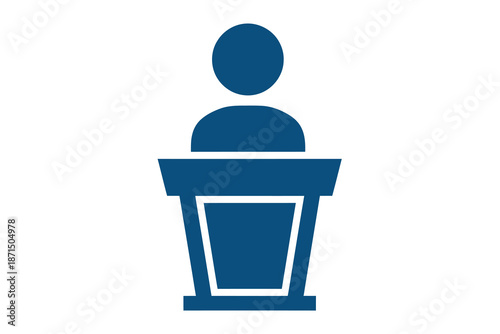 A blue icon of a person standing behind a lectern or podium isolated on white background