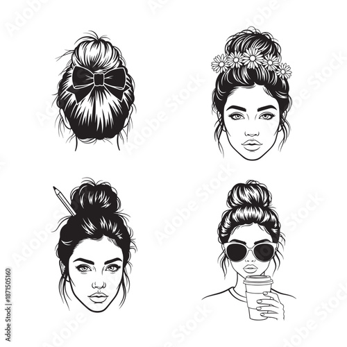 Set of 4 hand drawn woman face portraits with messy bun hairstyles in fashion sketch style vector illustration