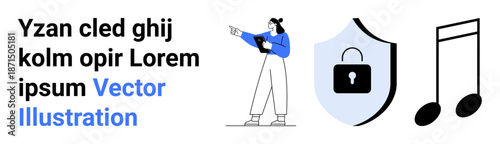 Woman holding tablet pointing at content, shield with keyhole lock symbol, and music note. Ideal for security, technology, creativity, music, digital interaction, multimedia simple landing page