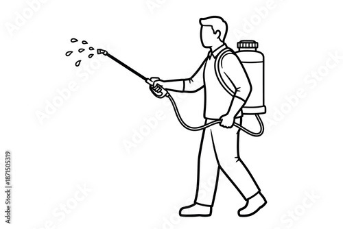 Man spraying pesticide with a backpack sprayer on white background