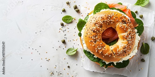 Delicious Bagel Sandwich Burger: toasted bagel filled with creamy cheese, smoked salmon, fresh spinach