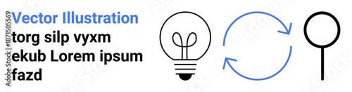 Innovation, sustainability, research, energy efficiency, circular economy, problem-solving. Minimal icons of a lightbulb, recycling arrows and magnifying glass. Innovation and sustainability