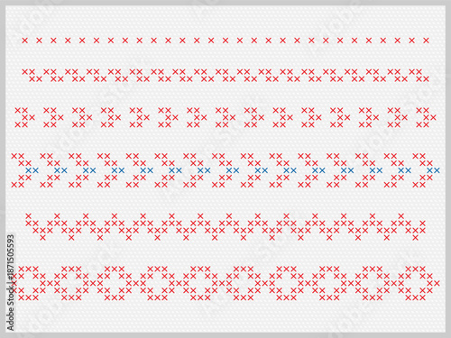 Traditional Ukrainian embroidery borders in red cross-stitch style with simple geometric repeated ornaments for folk and ethnic vector projects