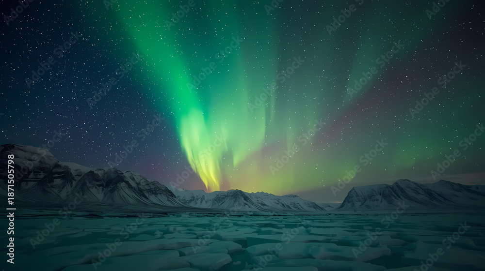Naklejka premium Aurora Borealis Over Snowy Mountains – Magical Night Landscape