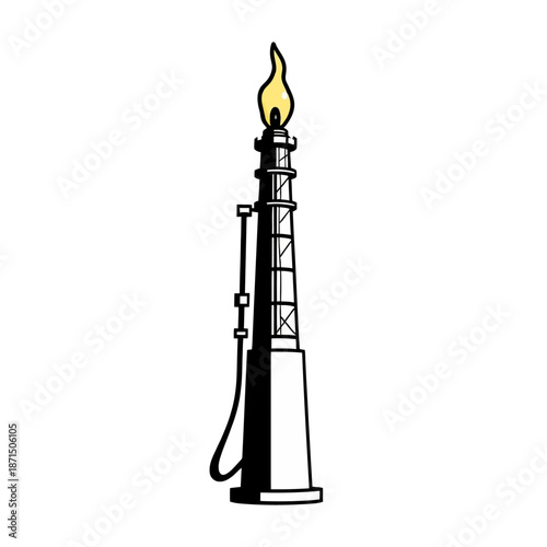 Stylized illustration of an industrial flare stack with a bright burning flame, symbolizing controlled gas combustion, energy production, and resource waste management practices
