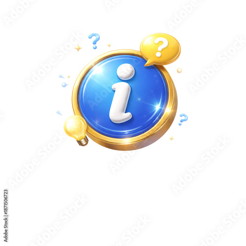 Stylized information icon with a glowing light bulb and question marks isolated on transparent background
