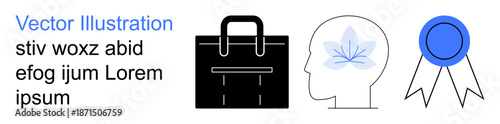 Business, work-life balance, mindfulness, achievement, professional development, personal growth. Icon set a briefcase, a head with a leaf design and a ribbon badge. Business and mindfulness