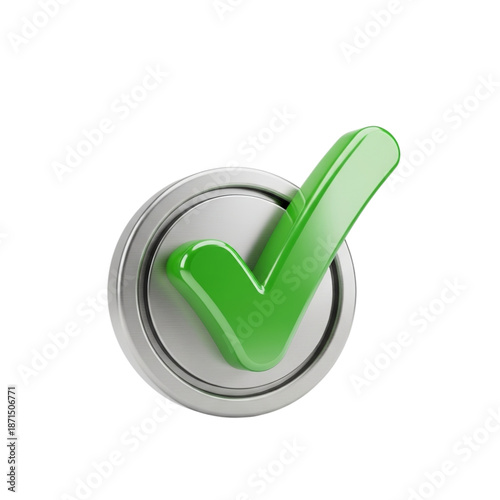 A shiny green check mark symbol inside a metallic circular frame isolated on transparent background 