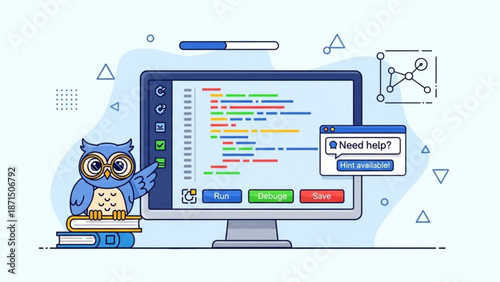 Cute owl helping with coding on computer screen