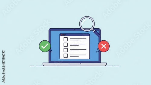 Checklist on laptop screen with magnifying glass and validation symbols