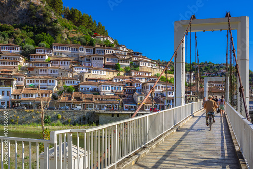 Historical Ottoman Houses in neighborhoods Gorica and Mangalem in Berat, with bridges over river Osum, Albania.