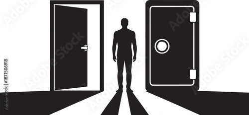 Man standing between open doors silhouette choice