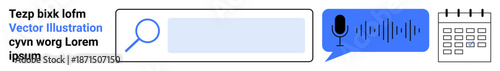 Digital tools, search engines, voice recognition, productivity, communication, organization. Search bar, microphone icon in speech bubble and calendar graphic. Search engines and voice recognition