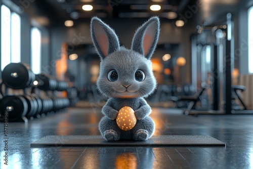 A delightful gray bunny sits on a gym mat, holding a glowing egg, combining a whimsical character with a modern gym setting that adds a unique touch to fitness imagery.
