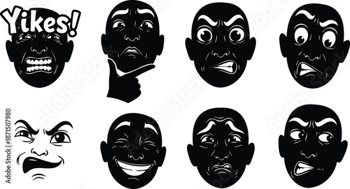 Flat design emotive set of expressive silhouette face icons showing eight different emotions close up black and white vector art for stickers app web user interface