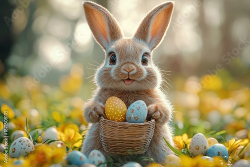 This delightful bunny holds a basket with decorative Easter eggs surrounded by a colorful flower garden, symbolizing joy, renewal, and the festive spirit of spring.