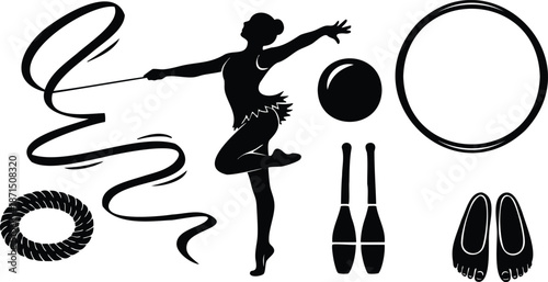 Flat vector silhouette rhythmic gymnast performing arabesque with flowing ribbon and ball beside hoop clubs coiled rope and toe shoes side view studio lighting elegant poised