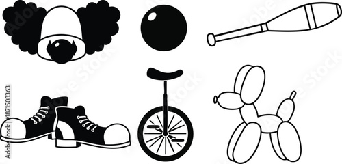 Flat line art circus icons set featuring clown wig big shoes unicycle balloon dog juggling club round ball isolated black and white playful composition simple outline