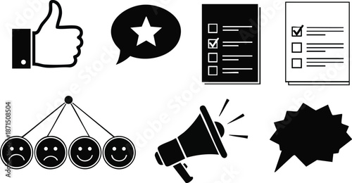 Flat design customer feedback and survey icon set showing thumb up star speech checklist sentiment pendulum megaphone and burst shapes in simple black vector silhouette icons