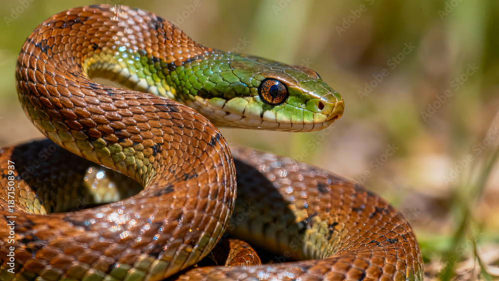 Fototapeta premium Snake resting on the ground under natural light in a forest