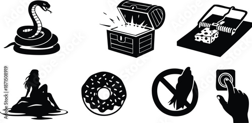 Flat design silhouette icons close up cobra coiled aggressive treasure chest opening mousetrap with cheese mermaid on rock sprinkled donut no bird sign finger pressing button