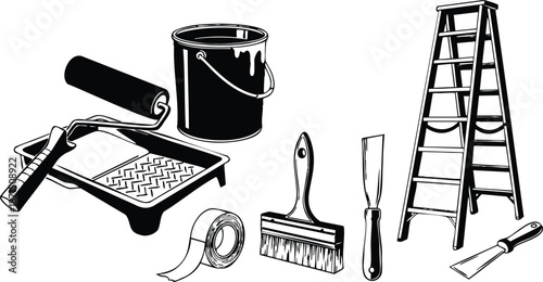 Line art close up view of painting tools with roller tray and paint bucket plus wide brush putty knife masking tape long ladder and metal scraper