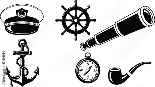 Vintage nautical line art vector set captain hat ship wheel anchor telescope compass smoking pipe arranged on white background high contrast bold strokes