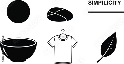 Flat design minimalist icon set close up bowl t shirt leaf bread sun and round dot simple black silhouettes on white background clean horizontal layout vector
