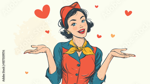 Elegant Smiling Air Hostess in Uniform with Thin Outline for Designs