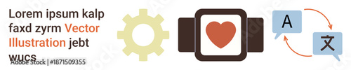 Health monitoring, language translation, technological innovation, digital tools, smart devices, communication enhancement. Heart on smartwatch, gear icon translation bubbles. Health monitoring