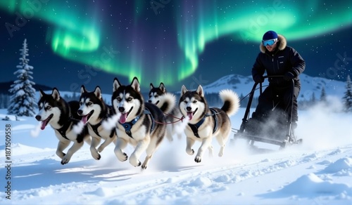 sled with dogs runs against the backdrop of the Northern Lights