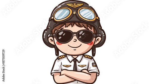 Adorable Pilot Cartoon Vector with White Outline on Isolated Background