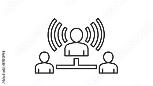 Communication network with a central figure broadcasting to two receiving individuals line art style