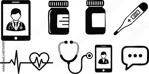 Flat icon set telemedicine tablet doctor on screen phone stethoscope pill bottles thermometer heart rhythm ecg line chat bubble simple monochrome medical vector line art icons