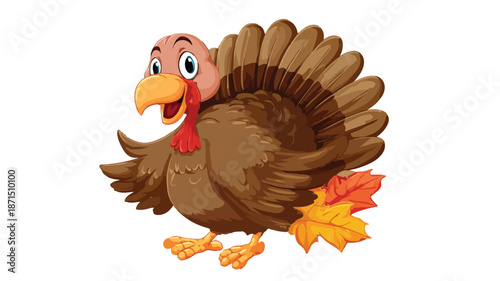 Funny Turkey Cartoon on White Background with Outline Vector Illustration