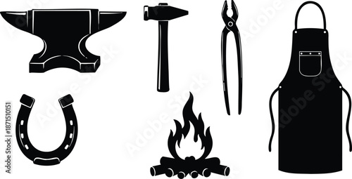 Flat silhouette vector blacksmith tools top view anvil hammer tongs horseshoe apron camp fire logs workshop scene high contrast minimal close up leather pocket rivets traditional