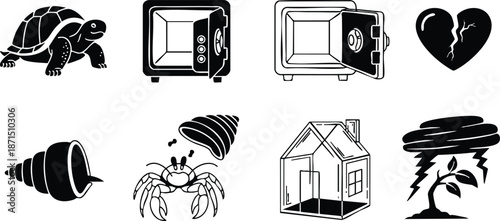 Flat design close up icons set of turtle safe open lock broken heart shell hermit crab glass house and storm damaged plant in black silhouette minimal