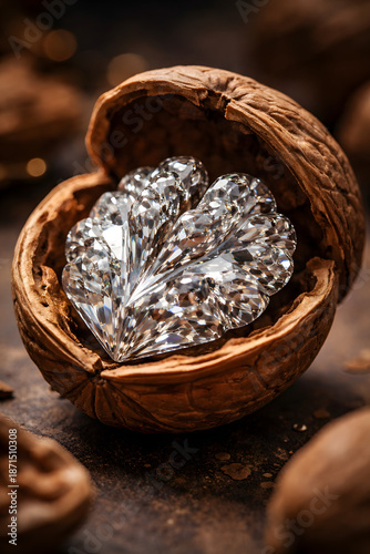 Hyper-realistic macro of a cracked walnut revealing a flawless diamond shaped exactly like a walnut kernel, blending natural textures with luxury, symbolism, and elegant studio lighting.
