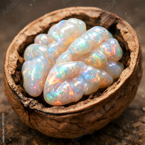 Hyper-realistic macro of an opened walnut revealing a luminous opal shaped like a real walnut kernel, glowing with iridescent colors, magical elegance, and refined fantasy beauty.